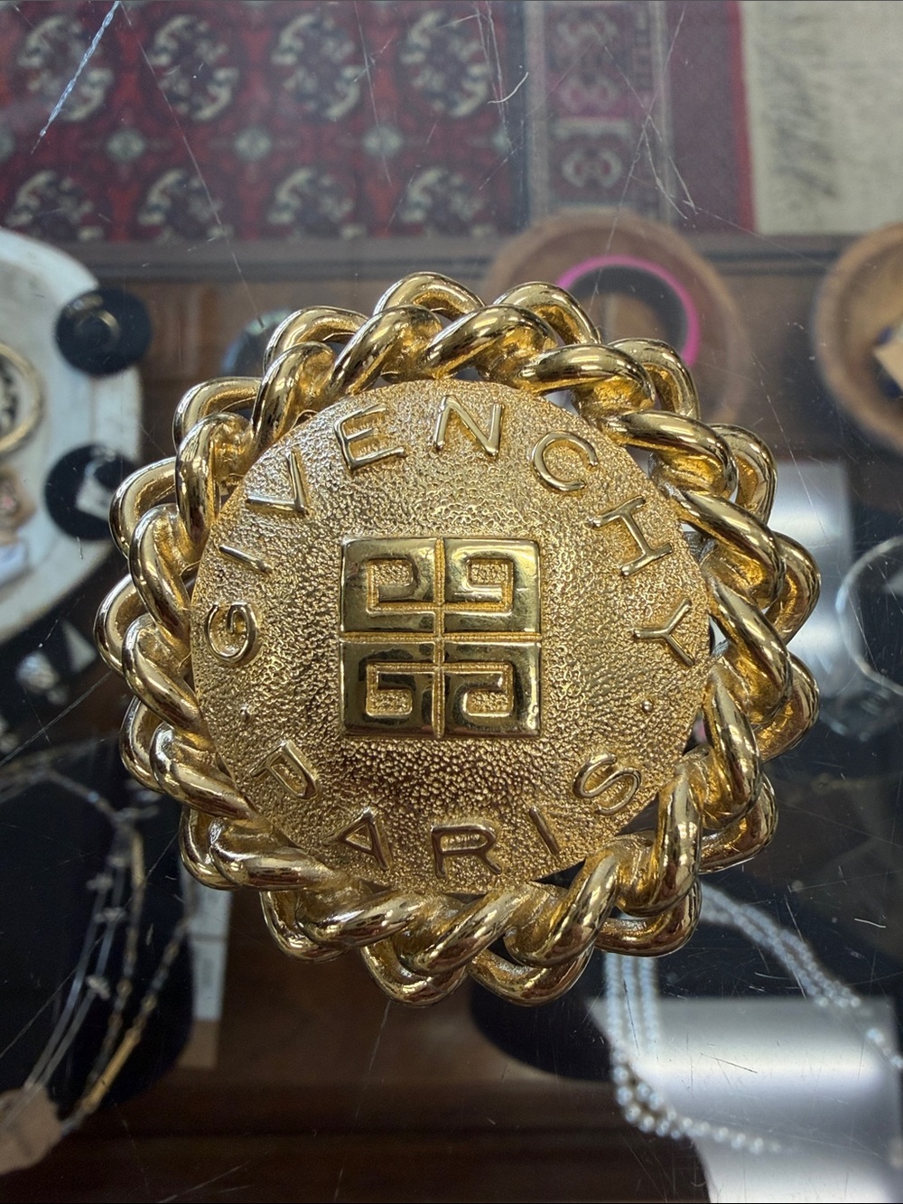 Givenchy Gold Circular Logo Brooch with Rope Edge